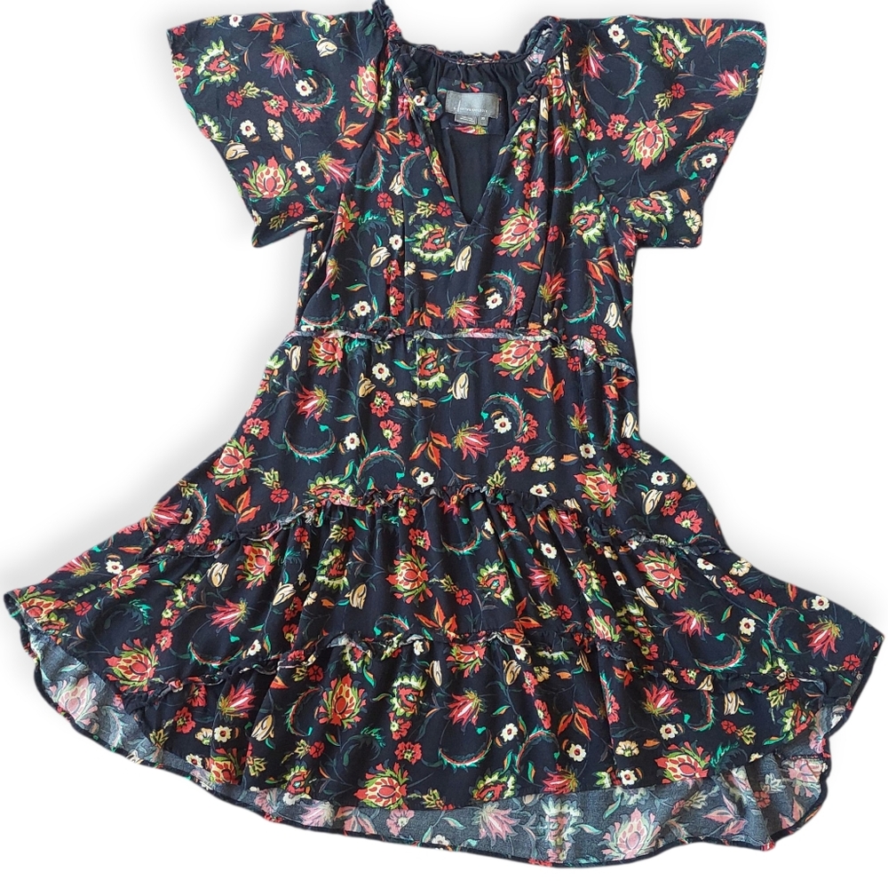 Anthropologie Robin XS Black Floral Multicolor V-Neck Mini Dress Flutter Sleeves